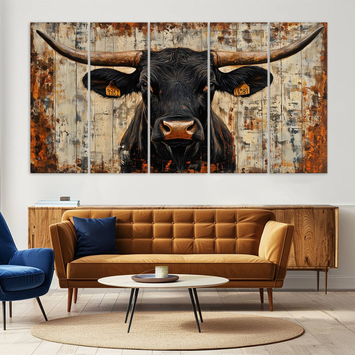 Abstract Cow Longhorn Bull Wall Art Canvas Print - Rustic Texas Western Cattle Artwork