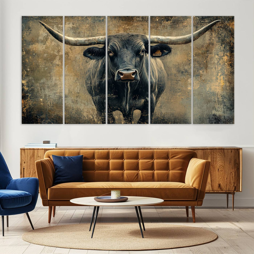 Abstract Cow Longhorn Bull Wall Art Canvas Print - Rustic Texas Western Cattle Artwork