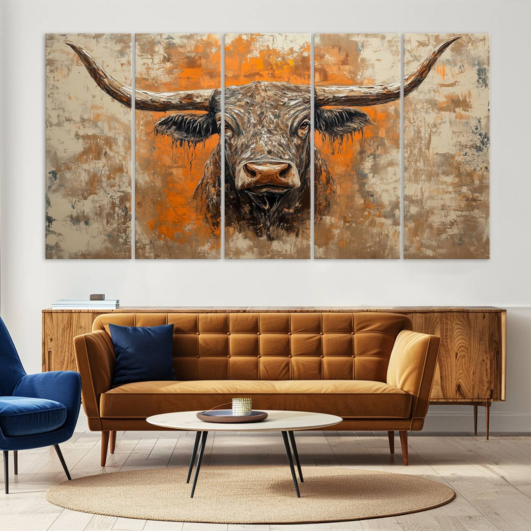 Abstract Cow Longhorn Bull Wall Art Canvas Print - Rustic Texas Western Cattle Artwork