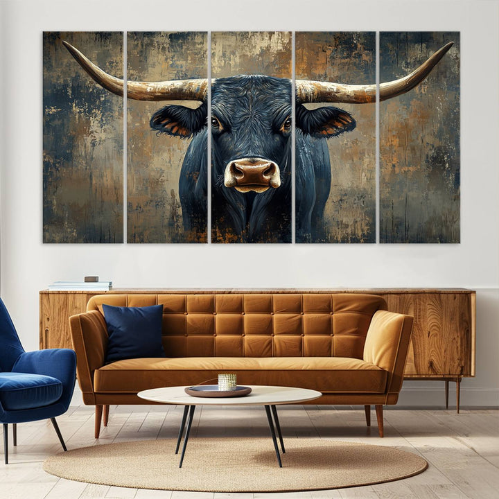 Abstract Cow Longhorn Bull Wall Art Canvas Print - Rustic Texas Western Cattle Artwork