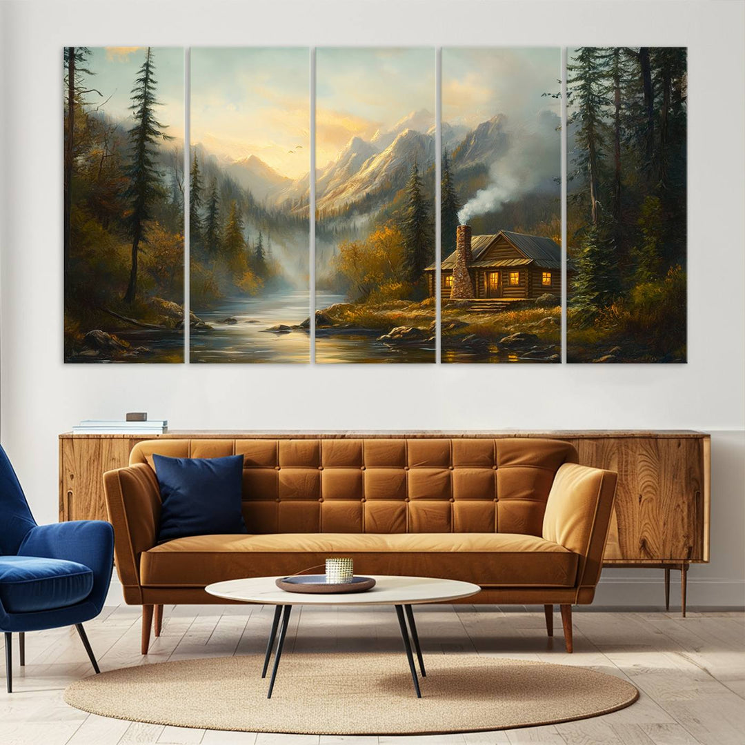 Wood Cabin Retreat Mountain at Sunset Wall Art Print - Serene Forest and River Landscape Wall Art Canvas Print