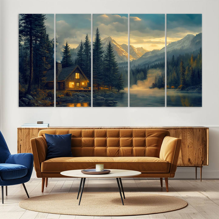 Mountain Cabin by the Lake at Sunset Wall Art - Serene Nature Canvas Print for Living Room Decor, Rustic Lodge Ambiance, 3-Panel Large Wall Art