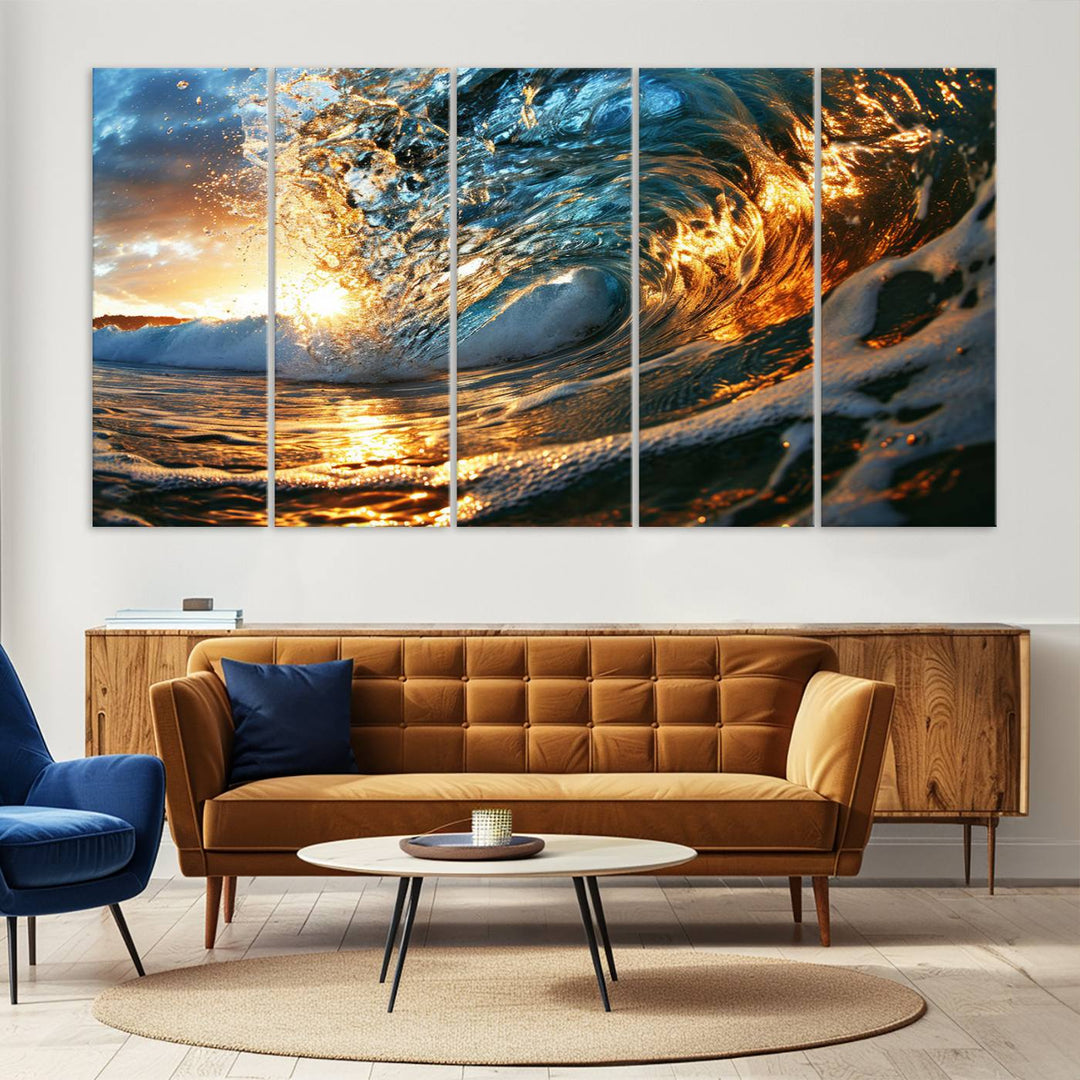 Ocean Wave at Sunset Wall Art | Ready to Hang Triptych Canvas Print | Coastal Wall Art for Living Room | Nautical and Beach House Decor