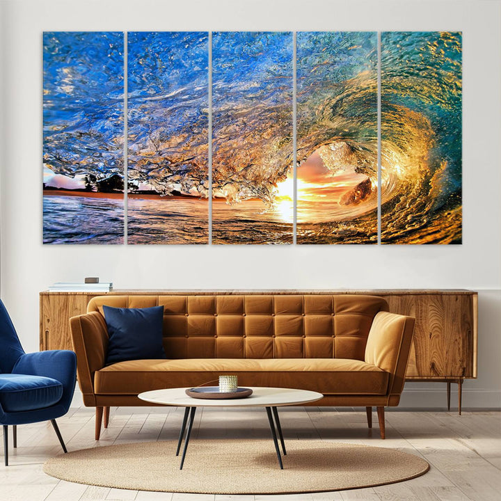 Ocean Wave at Sunset Canvas Print | Large Coastal Ocean Wall Art Print | Vibrant Beach Waves Art Print | Surf Lover Gift | Nautical Decor