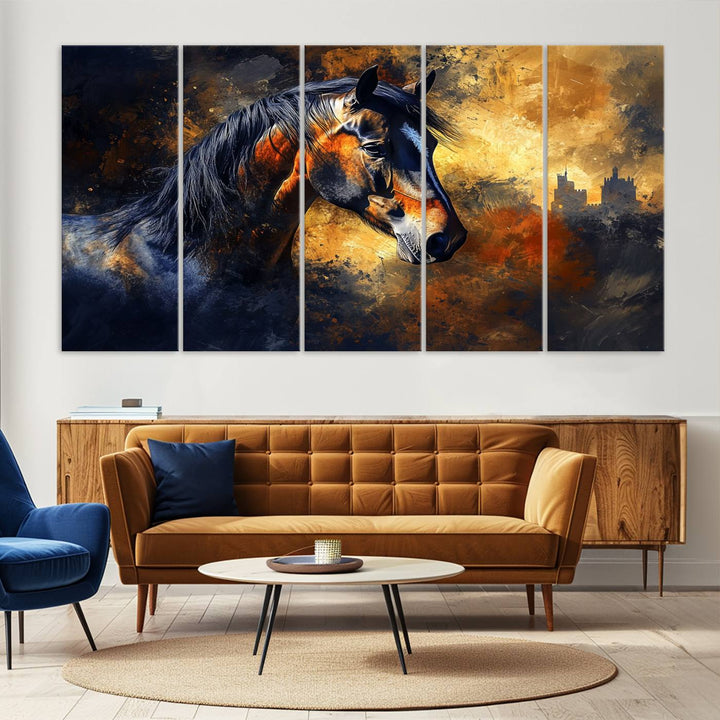 Abstract Horse Art Print on canvas, featuring a colorful background, perfect for rustic farmhouse or equestrian decor.