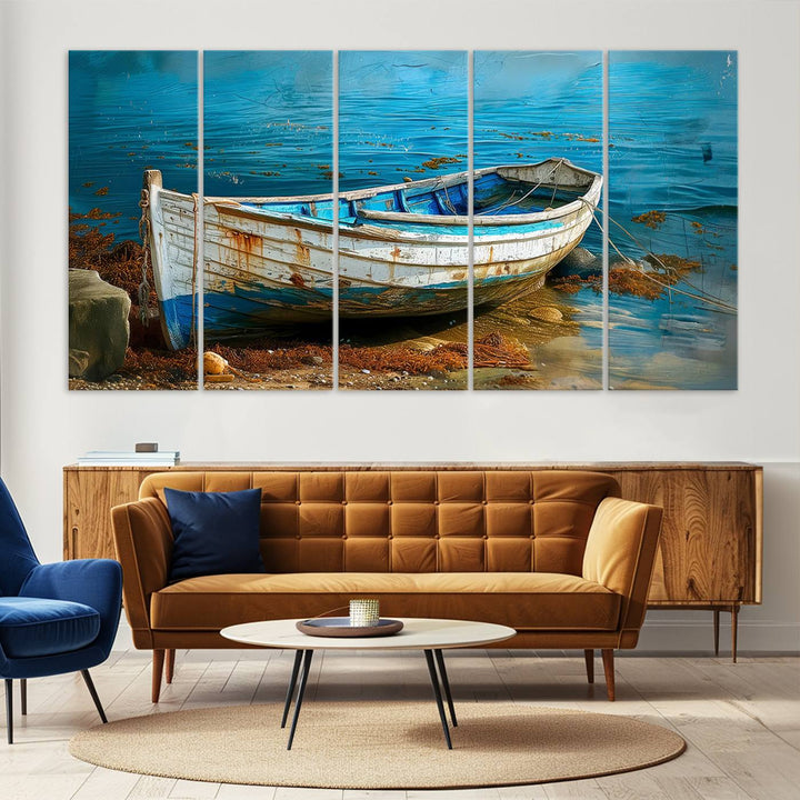 Vintage boat on tranquil waters—rustic triptych canvas print ideal for nautical or coastal wall art.