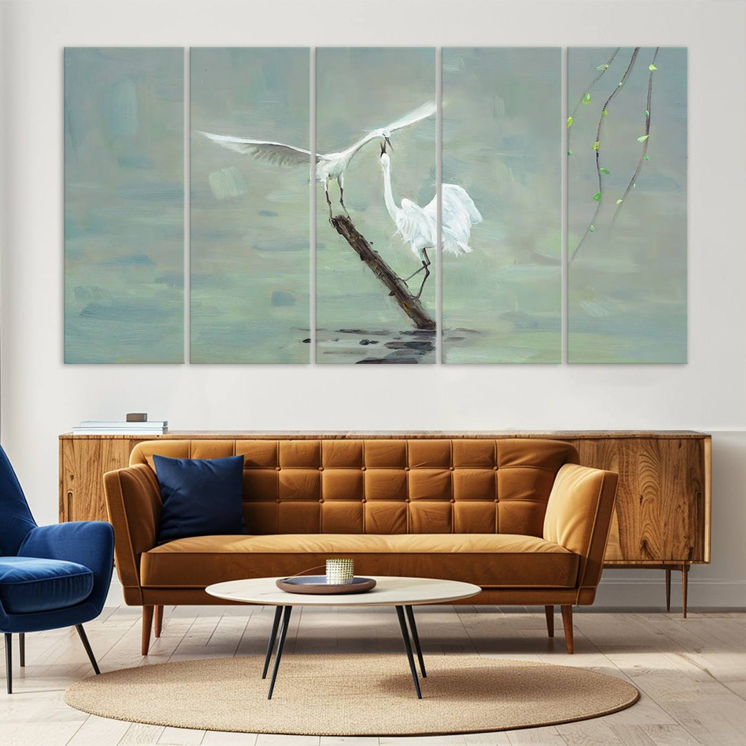 Elegant White Herons on Calm Waters | Coastal Wall Art for Nature-Inspired Decor | Serene Triptych Canvas Print | Ready to Hang Bird-Themed Art for Home Decor