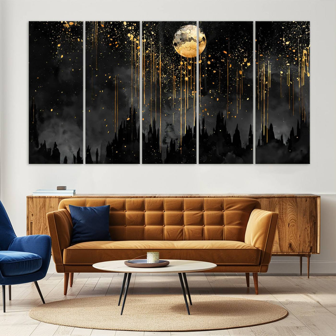 Gold Moon and Black Skyline Abstract Wall Art | Dark Modern Canvas Print with Dripping Gold Accents | Triptych Contemporary Homes