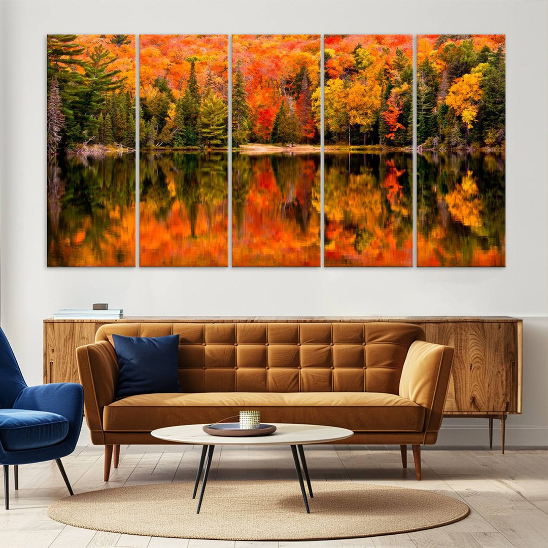 Autumn Forest Reflection Wall Art | Triptych Canvas Print | Vibrant Fall Foliage Wall Decor | Nature-Inspired Cabin Wall Art for Living Room