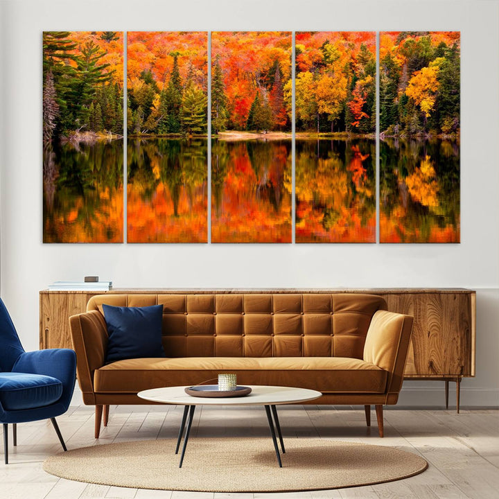 Autumn Forest Reflection Wall Art | Triptych Canvas Print | Vibrant Fall Foliage Wall Decor | Nature-Inspired Cabin Wall Art for Living Room