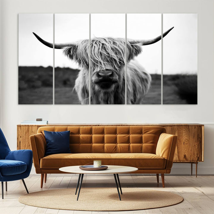 Highland Cow Wall Art | Black and White Farmhouse Decor | Ready to Hang Triptych Canvas Print | Rustic Barn Decor | Scottish Highland Cattle Art Print