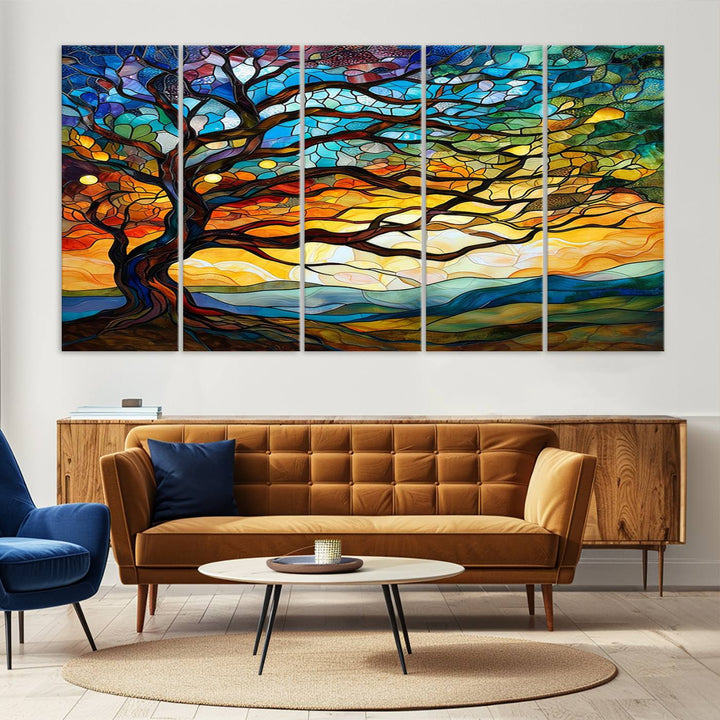 Mosaic Tree Wall Art | Ready to Hang Stained Glass Style Canvas Print | Farmhouse Wall Decor, Cabin Wall Art, and Unique Nature Home Decor