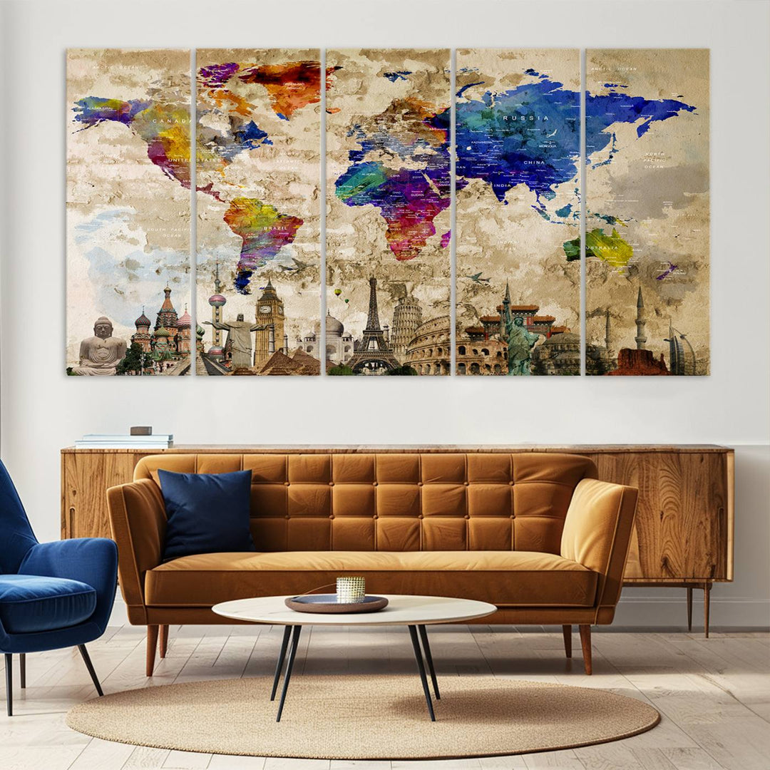 Artistic world map featuring landmarks like the Eiffel Tower, printed on premium wall art for office or living space.