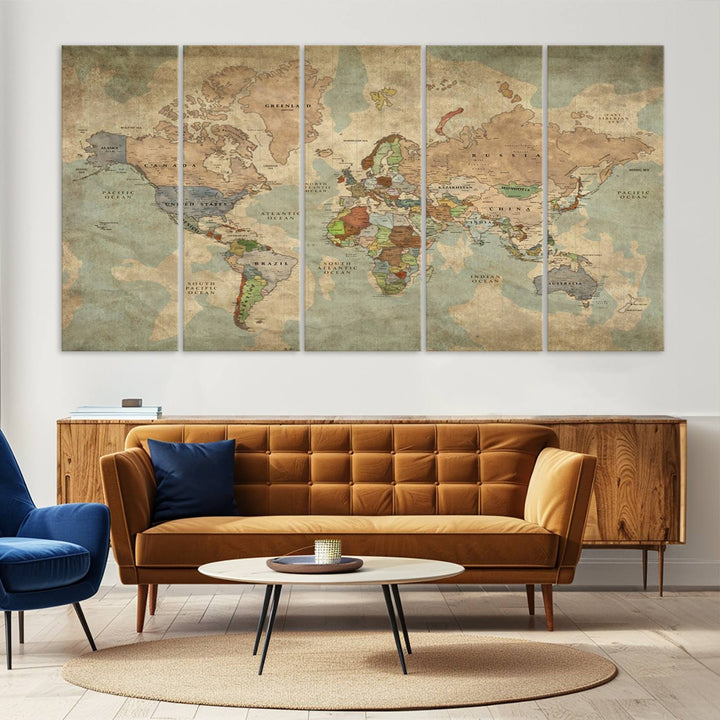 Vintage World Map Canvas Wall Art – Antique Triptych Map Print – Rustic Global Decor for Living Room or Office – Ready to Hang