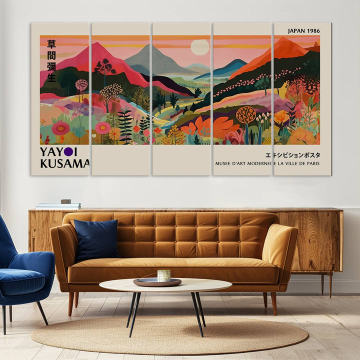 A vibrant abstract landscape by Yayoi Kusama adorns a Wabi Sabi ready-to-hang canvas print, featuring mountains and flowers.