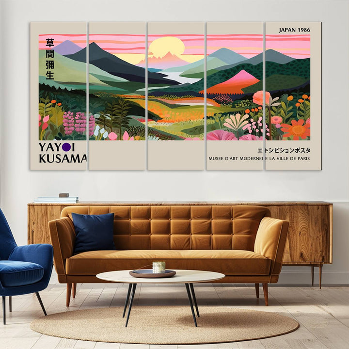 Vibrant abstract landscape canvas with mountains and fields, titled Yayoi Kusama 1986 Wall Art Print.