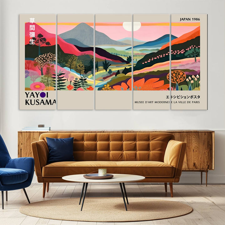 Vibrant abstract landscape canvas inspired by Yayoi Kusama, featuring mountains, trees, and flowers in a triptych style.