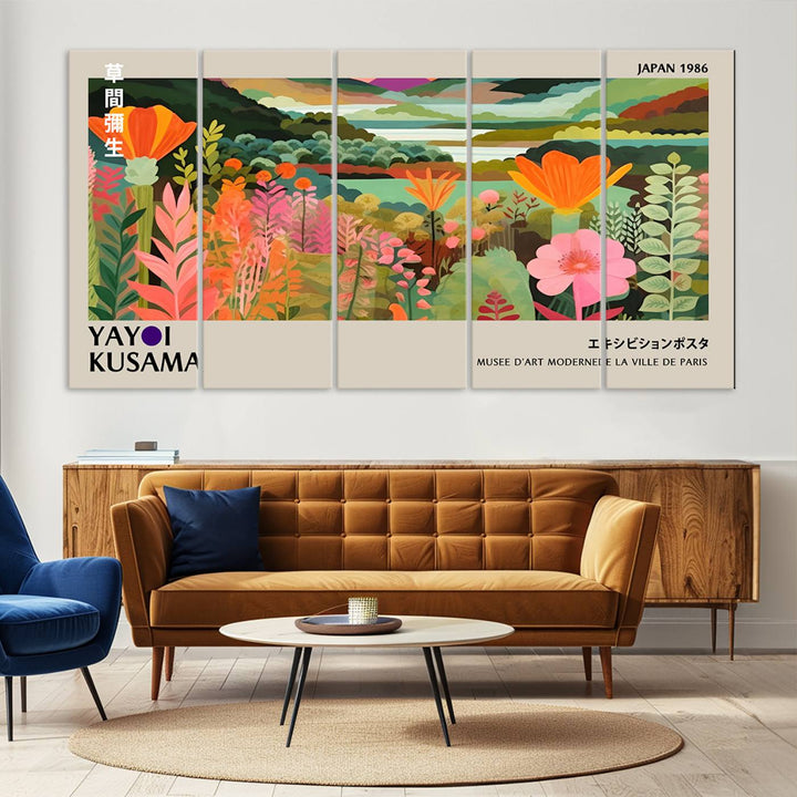 A vibrant 1986 Yayoi Kusama abstract landscape featuring flowers and hills on a canvas wall art print, ready-to-hang.