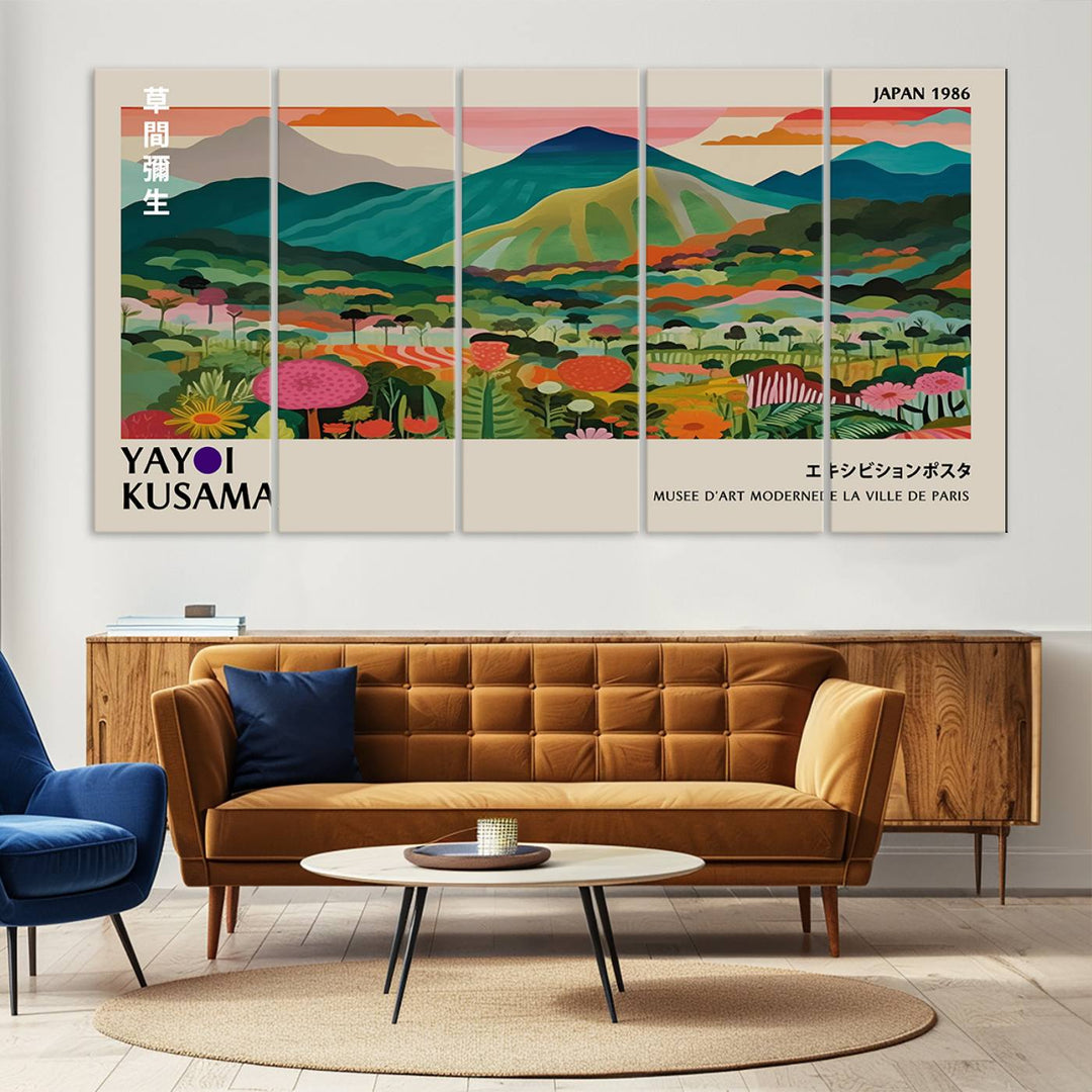 1986 Yayoi Kusama Art Print – Vibrant, abstract landscape featuring hills and trees in a Japanese Wabi Sabi style. Ready-to-hang.