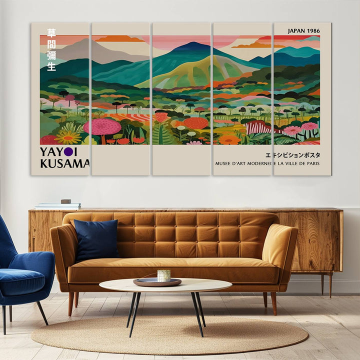 1986 Yayoi Kusama Art Print – Vibrant, abstract landscape featuring hills and trees in a Japanese Wabi Sabi style. Ready-to-hang.