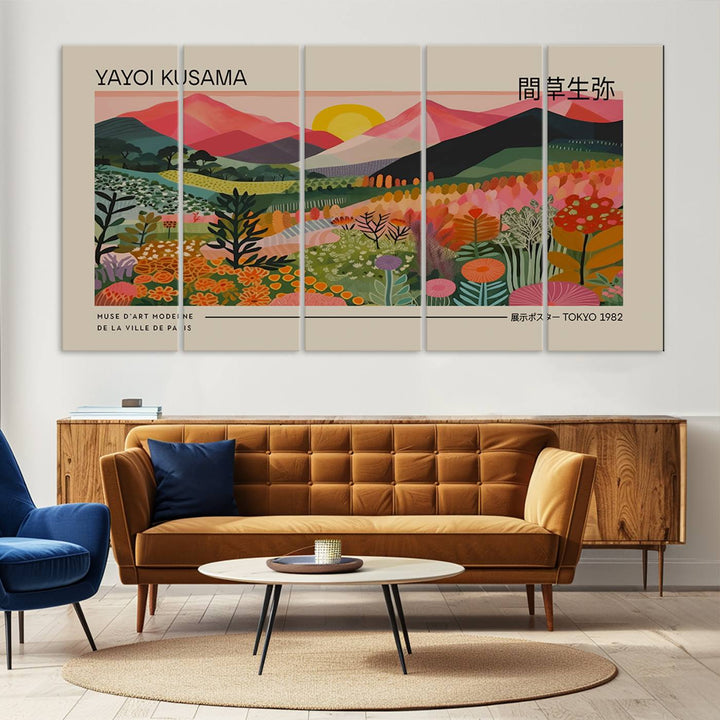 A vibrant abstract triptych features mountains, a sun, and plants in Yayoi Kusamas style with Japanese and French text included.