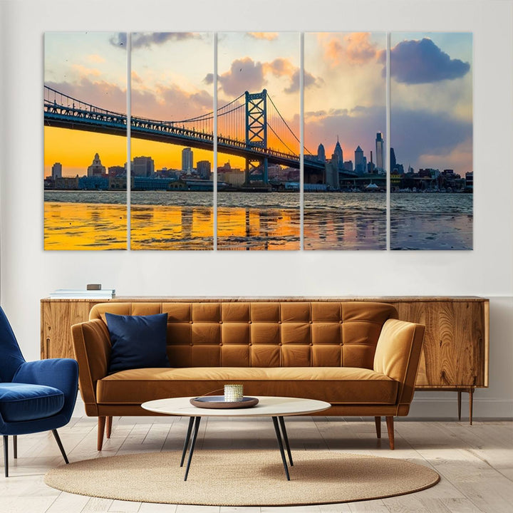 Ben Franklin Bridge Wall Art Print – Philadelphia Skyline Sunset Canvas Print.