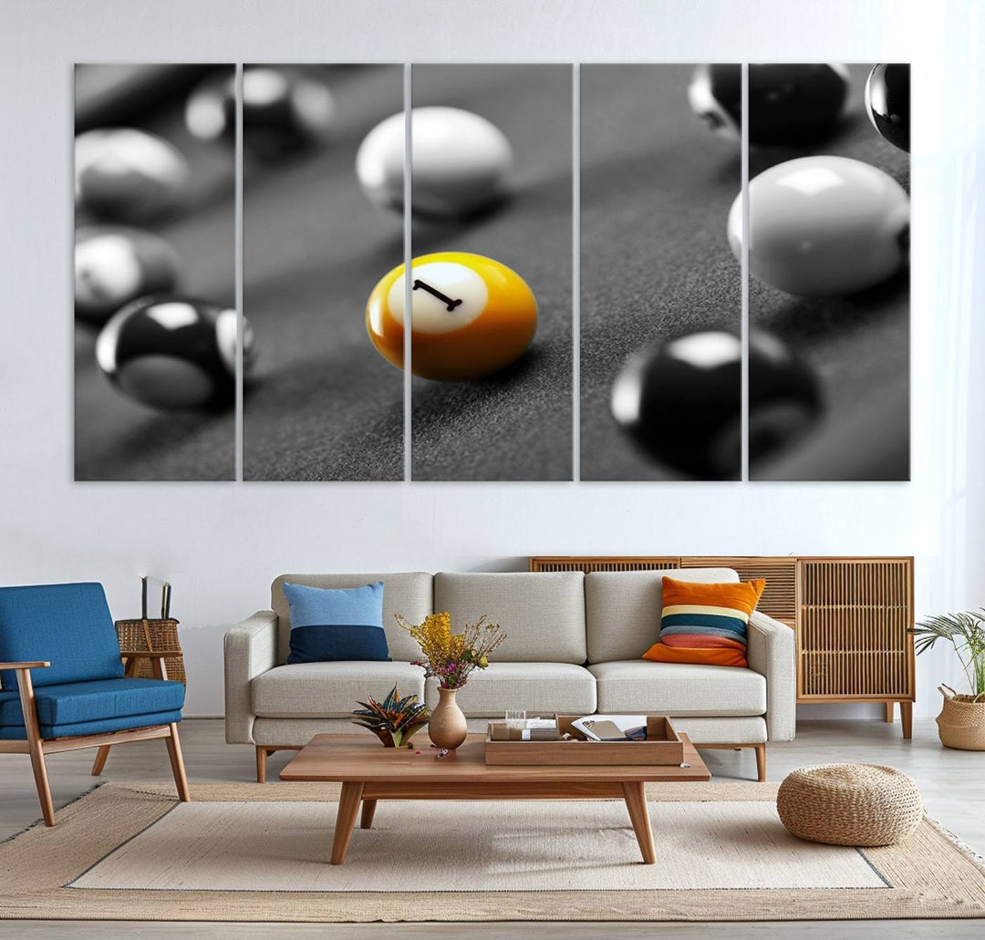 The Black and White Concept Billiard Balls Canvas Print elevates the space with museum-quality charm.