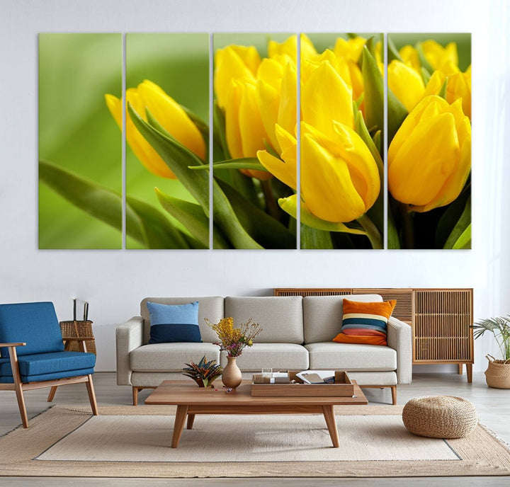 The Wall Art Yellow Tulips Canvas Print on a green background is featured.