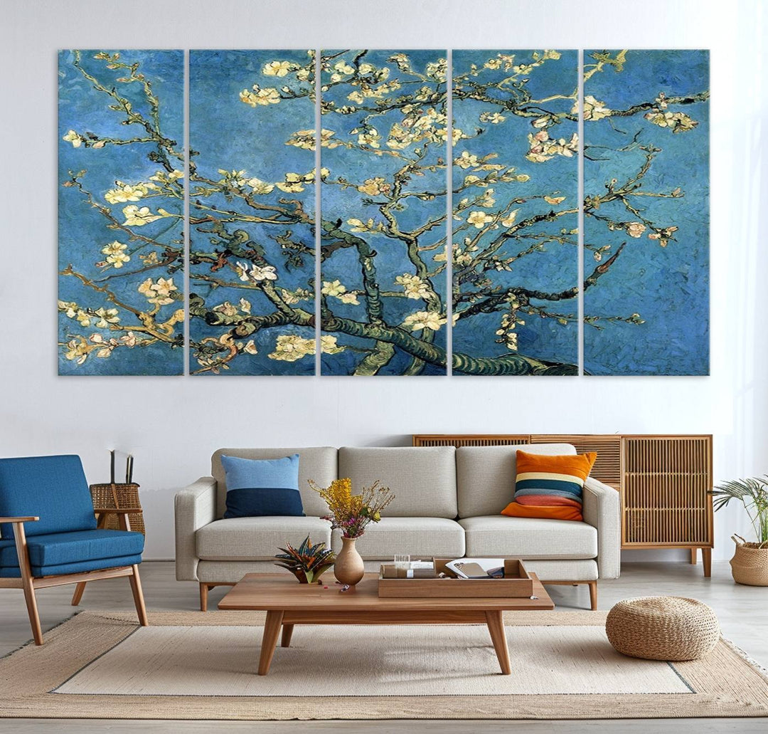 A Van Goghs Almond Blossom canvas print adds a touch of elegance to the wall.