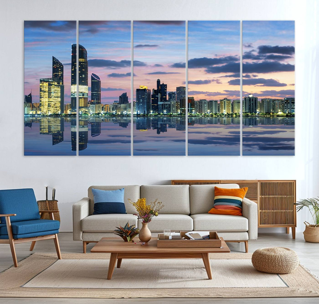 A gallery-quality wall art canvas print captures the Dubai city skyline with skyscrapers reflected in water at sunset.