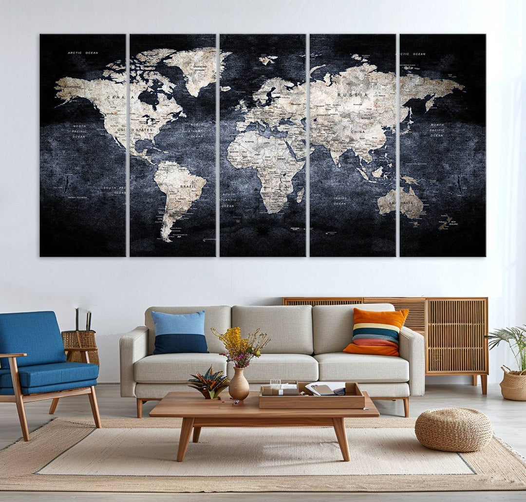 Rustic Black and Bronze World Map Canvas Triptych features white continents on a grunge-stained background.