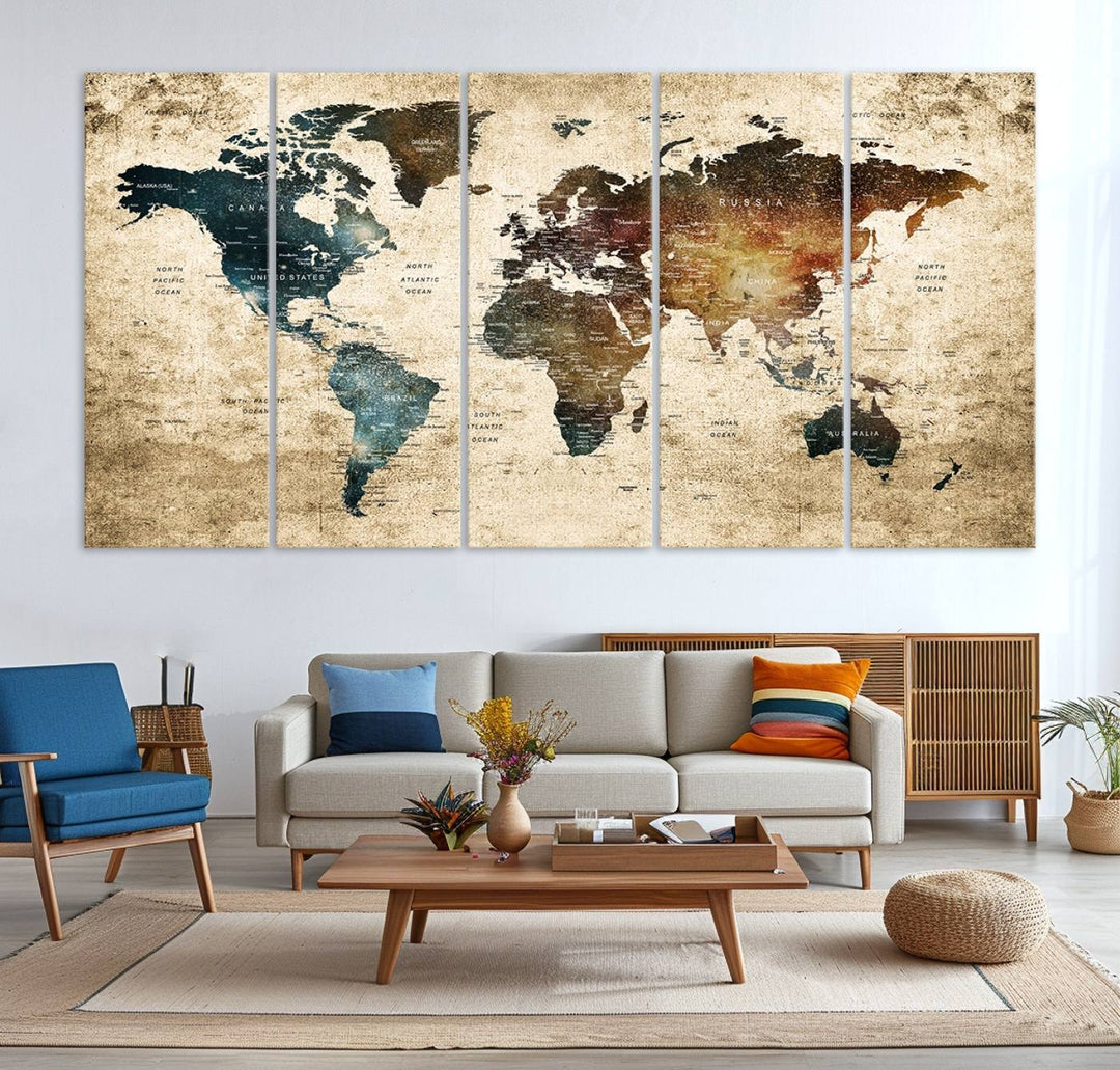 Vintage World Map Canvas Wall Art, perfect for antique-style decor, displayed against a light wood wall.