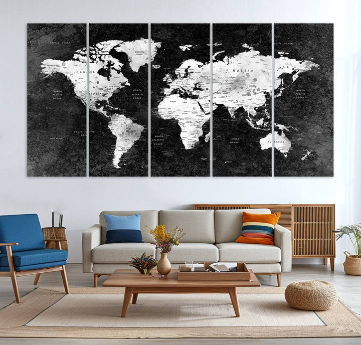 The dining room features a Modern Grayscale World Map 3-Panel Canvas Art as its focal point.