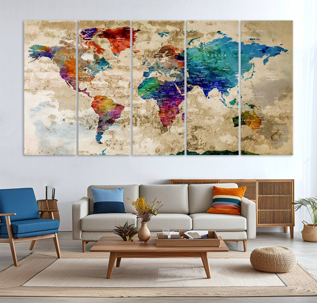 An Abstract Large Watercolor World Map Canvas Print hangs prominently.