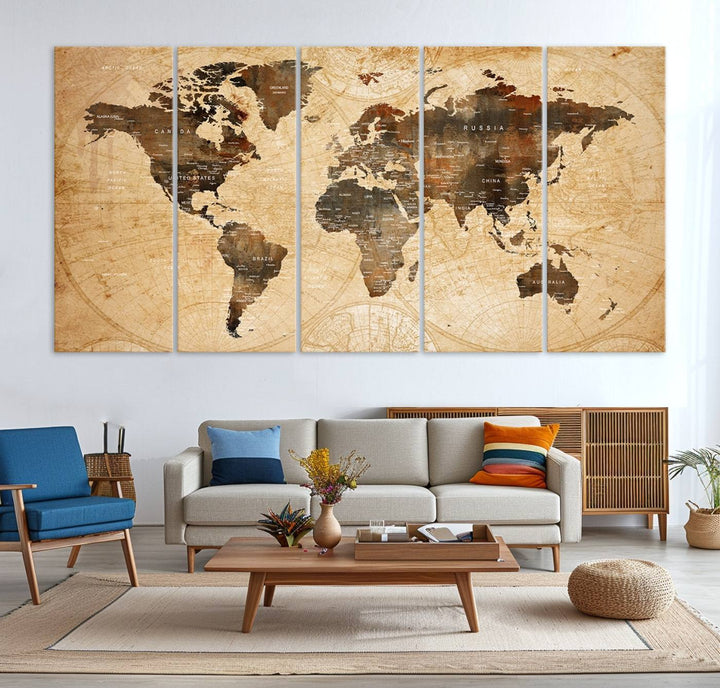Vintage World Map: 3-Panel Canvas Print in antique rustic style. Framed and gallery wrapped. Ideal for decor.