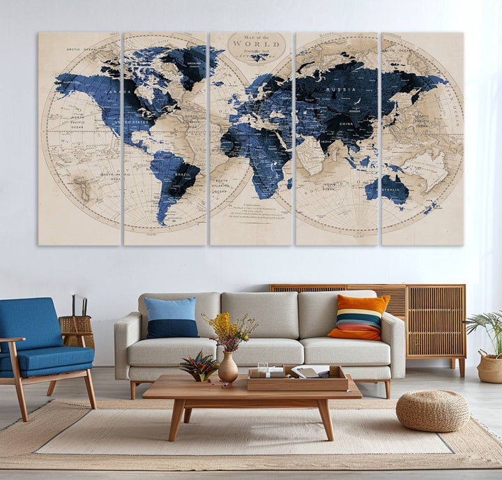 The Vintage Triptych Map Print is a grunge-stained blue and beige world map, perfect for enhancing wall decor.