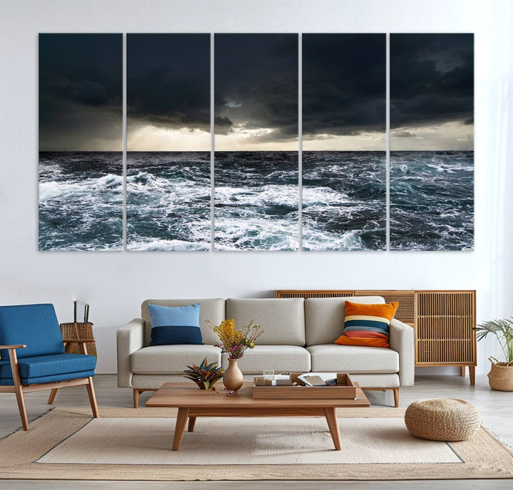 A Dark Clouds Stormy Sea canvas print, ready to hang, enhances the room.