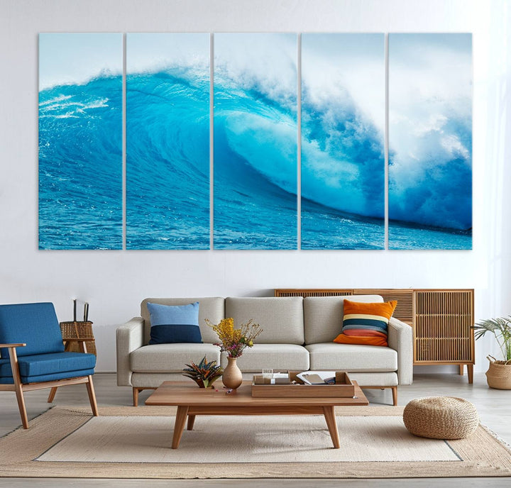 A museum-quality canvas depicting a vibrant blue ocean wave with white foam under a clear sky.