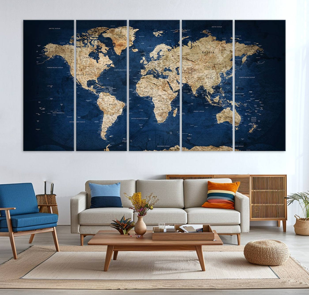 Classic Vintage Blue World Map Canvas Print featuring beige continents against a deep blue background.