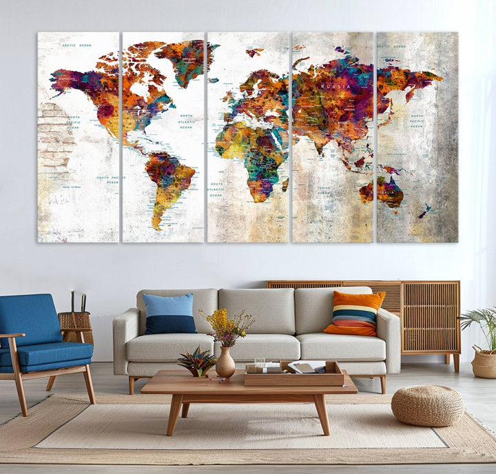 A vibrant Grunge Map Canvas Wall Art Set (3 Panels) for home or office decor, perfect for travel enthusiasts.