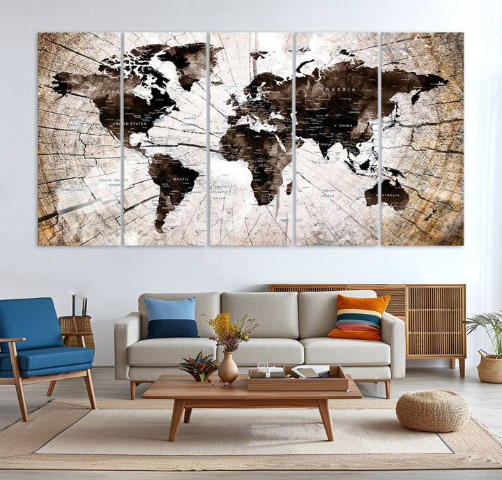 The Tree Ring World Map Canvas hangs above the table, blending into the nature-inspired setting.