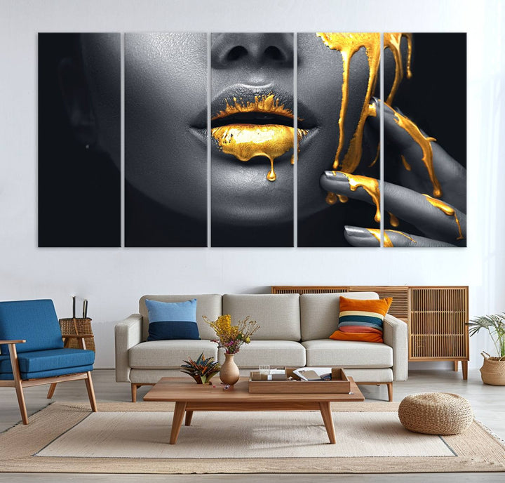 The Gold Lips and Black Woman Makeup Canvas Print features a chic monochrome face design, making it ideal for a modern dining room.