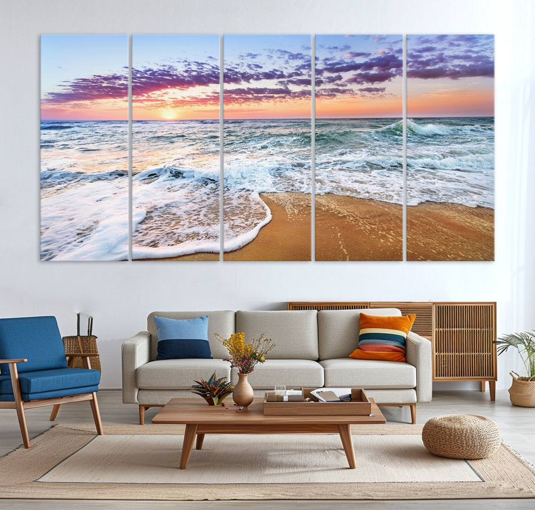 The Tropical Beach Waves Art Print, depicting an ocean sunset and sandy shore, enriches the coastal decor of the dining area.