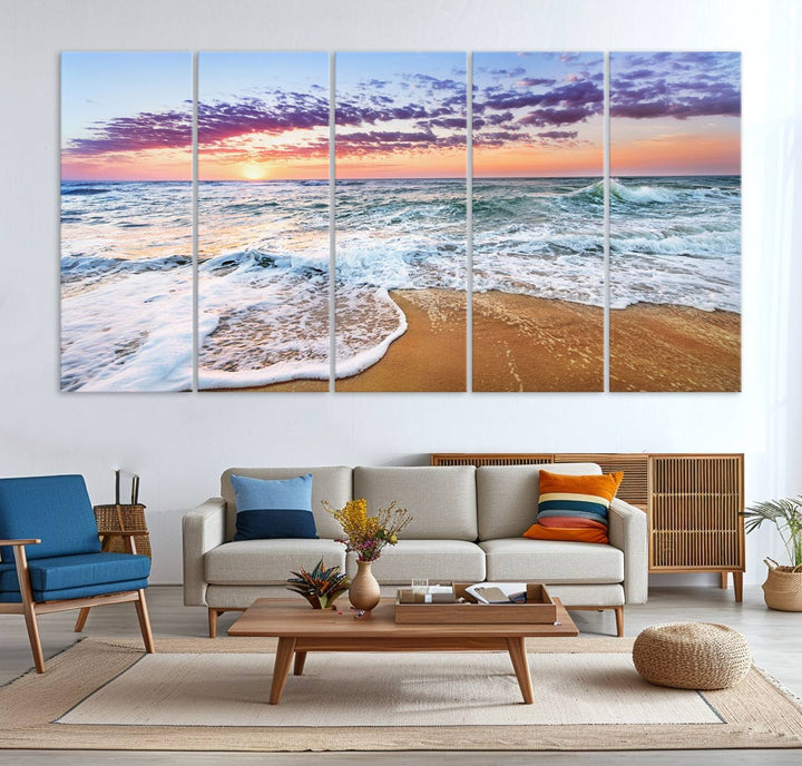 The Coastal Sunset Art Canvas Print features ocean waves beneath a vibrant sky in a stunning 3-panel seascape.