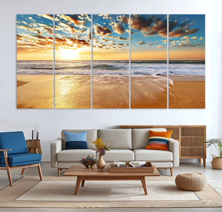 A gallery-wrapped canvas titled Soothing Sunset on Calm Beach is featured.