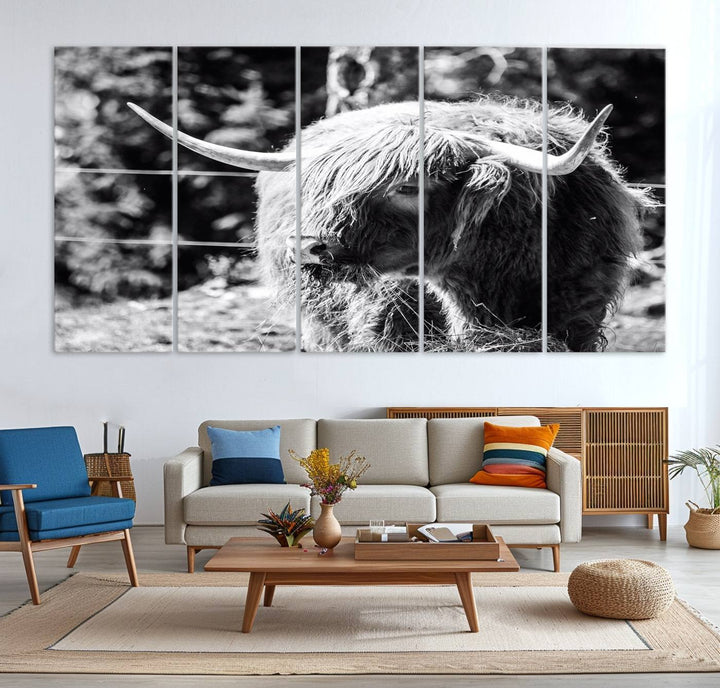 The black and white Highland Cow Canvas Wall Art adds farmhouse elegance to the space.