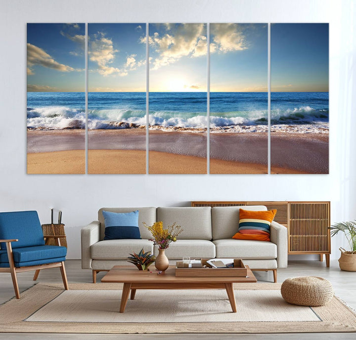 The dining room features a Coastal Tropical Beach Sunset canvas wall art.