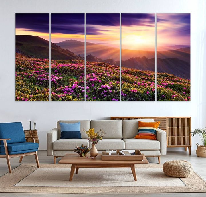 Gallery-wrapped wall art of a stunning mountain sunset and purple flowers.