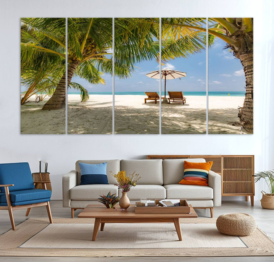 The canvas art print titled Lounge Chairs Palm Trees on Tropical Beach offers free shipping.