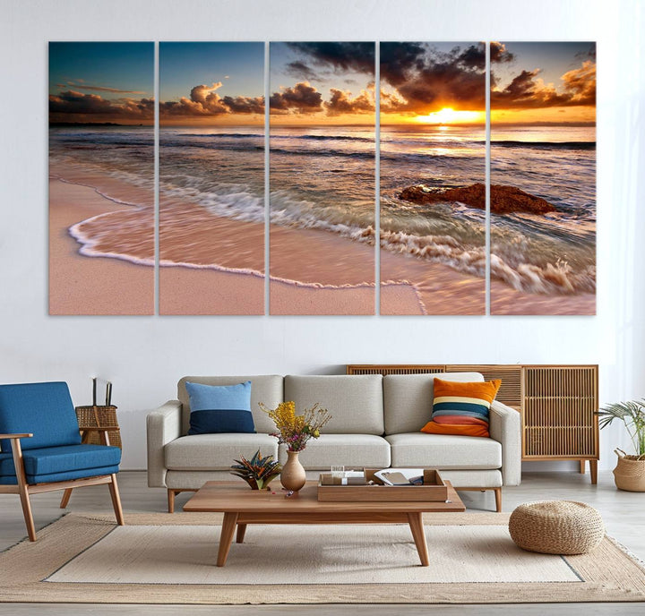 The Sunset on Ocean Wall Art Canvas Print beautifully captures a beach sunset, gentle waves, and a peaceful atmosphere.